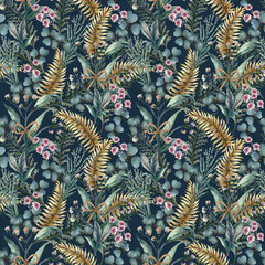 Naklejka premium Flower botanical seamless repeat pattern. Garden greenery and foliage leaves