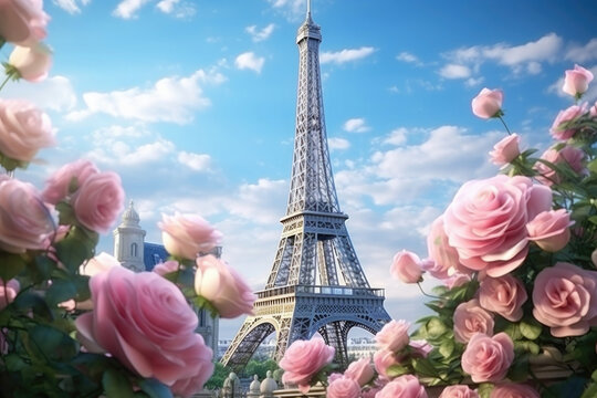 view of the Eiffel Tower in Paris, close-up of pink rose flowers