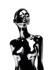 Futuristic chrome woman mannequin isolated. Shiny gloss metal human sculpture. Y2K liquid metal music poster