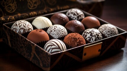 "A display of artisanal chocolate truffles, each uniquely decorated with intricate patterns and dusted with cocoa, promising a rich indulgence."