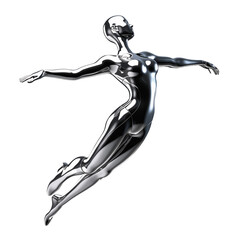 Y2K futuristic chrome woman body isolated. Melty gloss silver metal woman flying