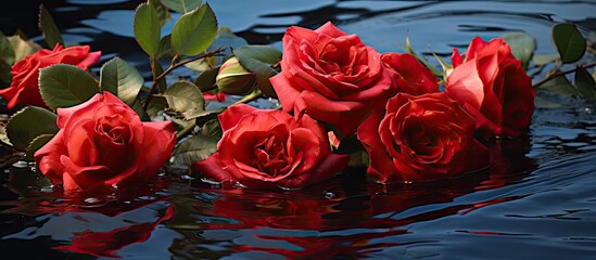 Fresh water enhances the beauty and fragrance of blooming red roses.