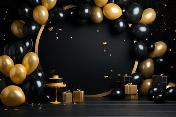 Obraz na płótnie Canvas Blank frame mockup with golden and black balloons and confetti, round frame on golden balloons and golden confetti, AI Generated