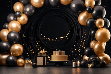 Blank frame mockup with golden and black balloons and confetti, round frame on golden balloons and golden confetti, AI Generated