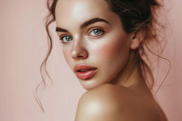Fototapeta premium Beauty skin care face model looking at the camera isolated on pastel pink background