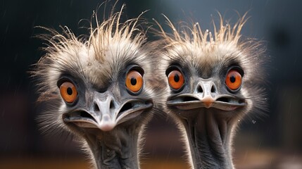 The ostrich is a grim and stearn-looking bird with its feathers sticking up. - obrazy, fototapety, plakaty