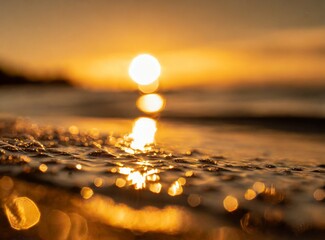 Beach at golden hour, sea coast. Summer vacation background. Unfocused scene wallpaper.