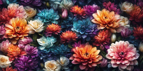 Colorful background of many bright flowers of different types. Nature illustration. Generative AI - obrazy, fototapety, plakaty
