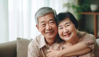Elderly Bliss, Asian Couple Hugging on Sofa, Creating Warm Moments of Love Togetherness at Home.
