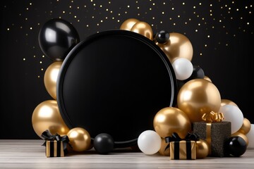 Fototapeta na wymiar Birthday frame with golden and black balloons and confetti, Blank frame on golden balloons and golden confetti with black background , AI Generated