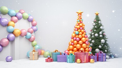 Creative rainbow Christmas tree with balloons, star and gifts, bokeh. LGBT Christmas. LGBT...