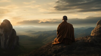 Buddhist monk man meditating. Calm beautiful mountains landscape. Buddhism religion. Person sit in lotus pose. Zen yoga practice. Peaceful nature beauty. Asian spiritual asana. Asia culture harmony. - obrazy, fototapety, plakaty