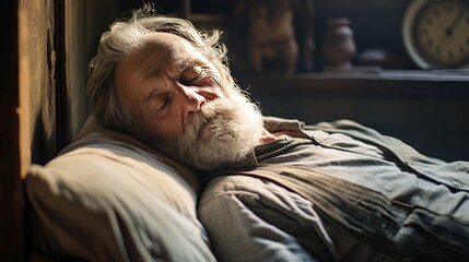 Fototapeta premium elderly bearded man sleeping on a bed, close-up. The problem of sleep in the elderly. Sleep Quality