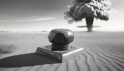 Emergency Button in Desert with Imposing Mushroom Cloud. A dramatic black and white image depicts an emergency button in the foreground with a massive mushroom cloud rising in the desert