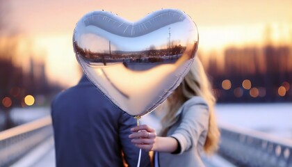 Love in the Air with a Heart Balloon Overlooking a Sunset Cityscape. A couple's embrace is concealed by a heart-shaped balloon against the vibrant backdrop of a city during sunset