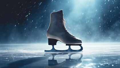 Single Ice Skate on a Frozen Pond with Snowflakes Falling at Night. Winter's Dance: Solitary Ice Skate on a Moonlit Frozen Lake with Snowfall