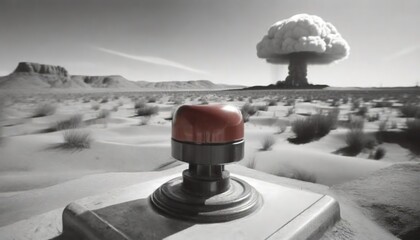 Red Emergency Button in Desert with a Nuclear Explosion in Distance. A stark image showing a red emergency button in the foreground with a menacing mushroom cloud in the distance