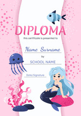 Diploma certificate vertical template with cute little mermaid, fish, jellyfish, seaweed. Vector background for school, preschool, kindergarten. Funny underwater animals in cartoon style.