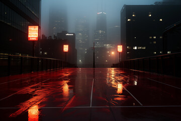 Basketball court in the city, foggy evening