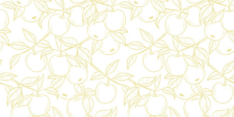 Line art apple vector pattern background, seamless repeating wallpaper, delicate hand drawn line art illustration banner