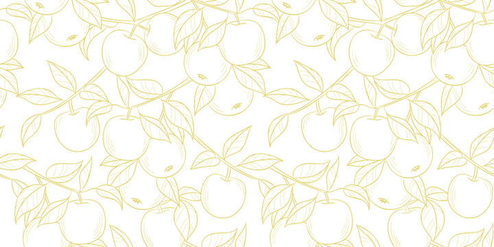 Line art apple vector pattern background, seamless repeating wallpaper, delicate hand drawn line art illustration banner