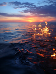 Closeup of flames on the sea at sunset