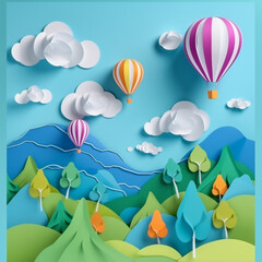 Fototapeta na wymiar Generative AI illustrations, Flying Paper cut balloons. Colorful Greeting card