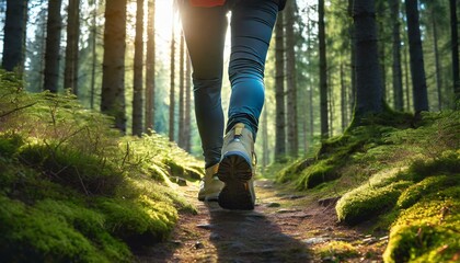 Hiker hiking up a mountain trail with a close-up of his  hiking boots. The hiker shown in motion, with one foot lifted off the ground and the other planted on the mountain trail. Generative AI