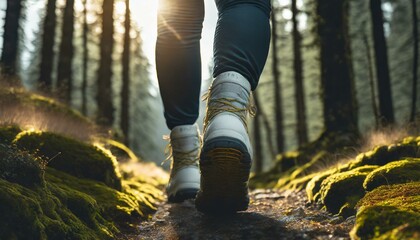 Hiker hiking up a mountain trail with a close-up of his  hiking boots. The hiker shown in motion, with one foot lifted off the ground and the other planted on the mountain trail. Generative AI - obrazy, fototapety, plakaty