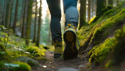 Hiker hiking up a mountain trail with a close-up of his  hiking boots. The hiker shown in motion, with one foot lifted off the ground and the other planted on the mountain trail. Generative AI
