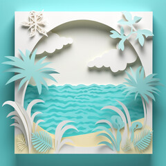 Fototapeta na wymiar Generative AI illustrations, Abstract paper art of summer sea scenery with sea water splashing and beach.