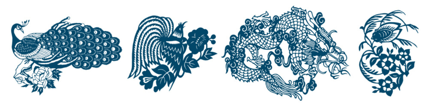 Japanese Oriental Symbols. Tropical Exotic Ornament Element. Bird with Beauty Plumage. Peacock, Phoenix, Firebird with Long Lush Feathered Tail. Koi, Carp Fish. Peony Flower. Asian Ornament.