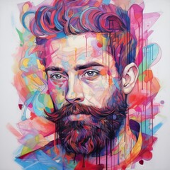 Fototapeta na wymiar a young man in his 30s with stubble beard, colorful drawing art, inspired by the style of lisa aisato