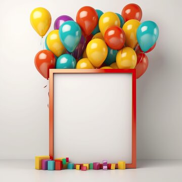 a single and big gift package with ballons, the colors of the package and the ballons must be yellow, orange, red and green, using all of them. Must have a big blanked frame on the image to insert tex