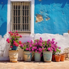 Fototapeta na wymiar Imagine a sketch of colourful flowers on the wall of a country-style house by the sea in Spain. The bright colour palette of the flowers creates a cheerful, summery scene. Despite the small size of th