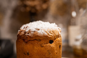 Traditional italian panettone. Panettone with candied fruits, traditional christmas bread.  Soft...