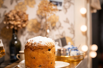 Naklejka na ściany i meble Traditional italian panettone. Panettone with candied fruits, traditional christmas bread. Soft focus.