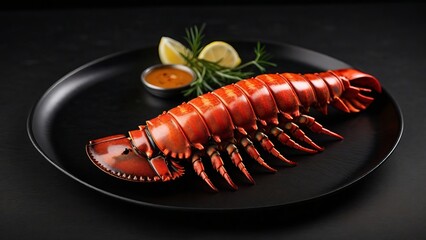 Gourmet Lobster Dish with Lemon and Sauce on Black Plate