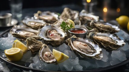 Fresh oysters on ice with lemon and sauce on a dark background
