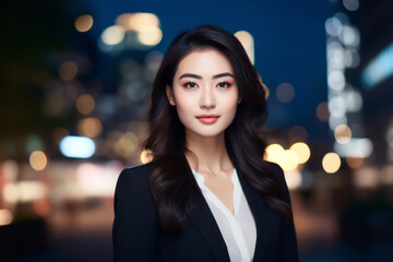 Obraz premium Beautiful Asian businesswoman in elegant suit against the backdrop of city lights with a blurred background