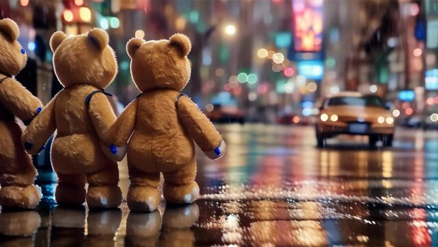 Three teddy bears walking hand in hand on a rainy urban street, with two adult bears escorting a smaller bear in the middle.
