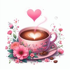 Ceramic cup of coffee with pink heart and pink flowers, hand draw illustration clip art on white background. Advertising coffee for Valentine’s Day.