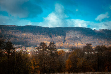 Autumn view of the Carpathian mountains in Poland photo. Beautiful views in Polish countryside village