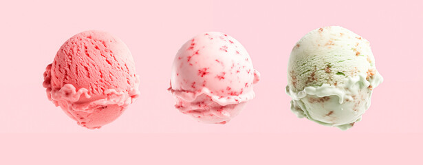 Three Ice Cream Scoops Of Sweet Icecream In Row Wide Panoramic Banner On Plain Pink Background - obrazy, fototapety, plakaty