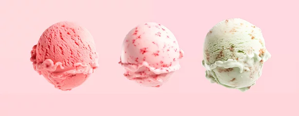 Foto op Plexiglas Three Ice Cream Scoops Of Sweet Icecream In Row Wide Panoramic Banner On Plain Pink Background © Polina Zait