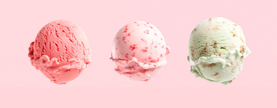 Three Ice Cream Scoops Of Sweet Icecream In Row Wide Panoramic Banner On Plain Pink Background