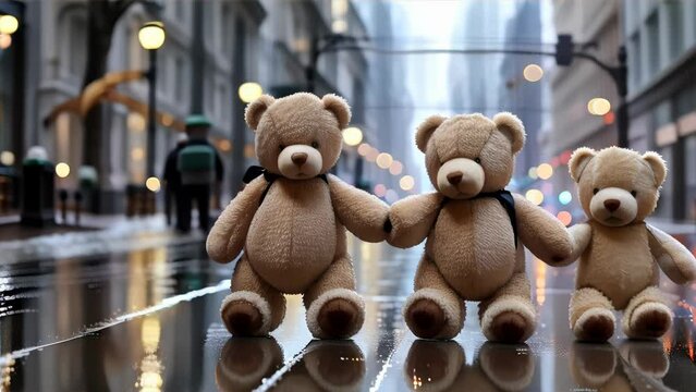 Three teddy bears walking hand in hand on a rainy urban street, with two adult bears escorting a smaller bear in the middle.
