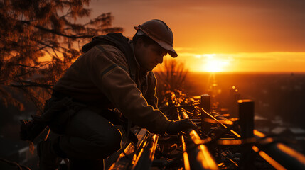 welder at work in the factory at sunset
