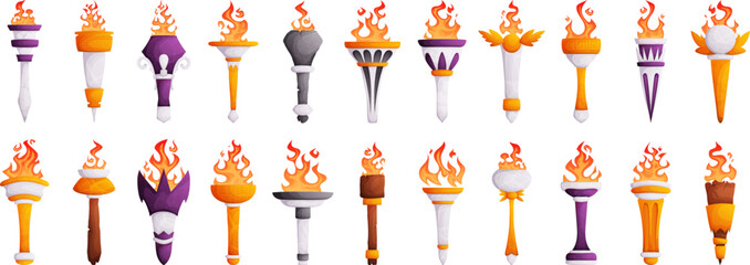 Set of Medieval torches with burning flames. Antique stone, marble, gold and wooden torches of various shapes with fire. Symbol of the Olympics. Cartoon elements for a computer game, flaming torch. - obrazy, fototapety, plakaty