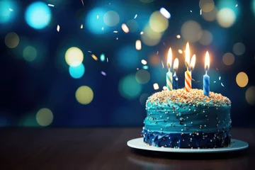 Fotobehang Colorful birthday cake with candles. isolated on bokeh background, Ai Generated © Tanu